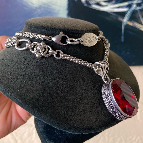 925 sterling silver overlay charm red garnet cz stone stainless steel necklace - Picture 5 of 16